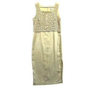 Cali Cali 100%‎ Linen Lined Women Sleeveless Midi Dress Boho Tan